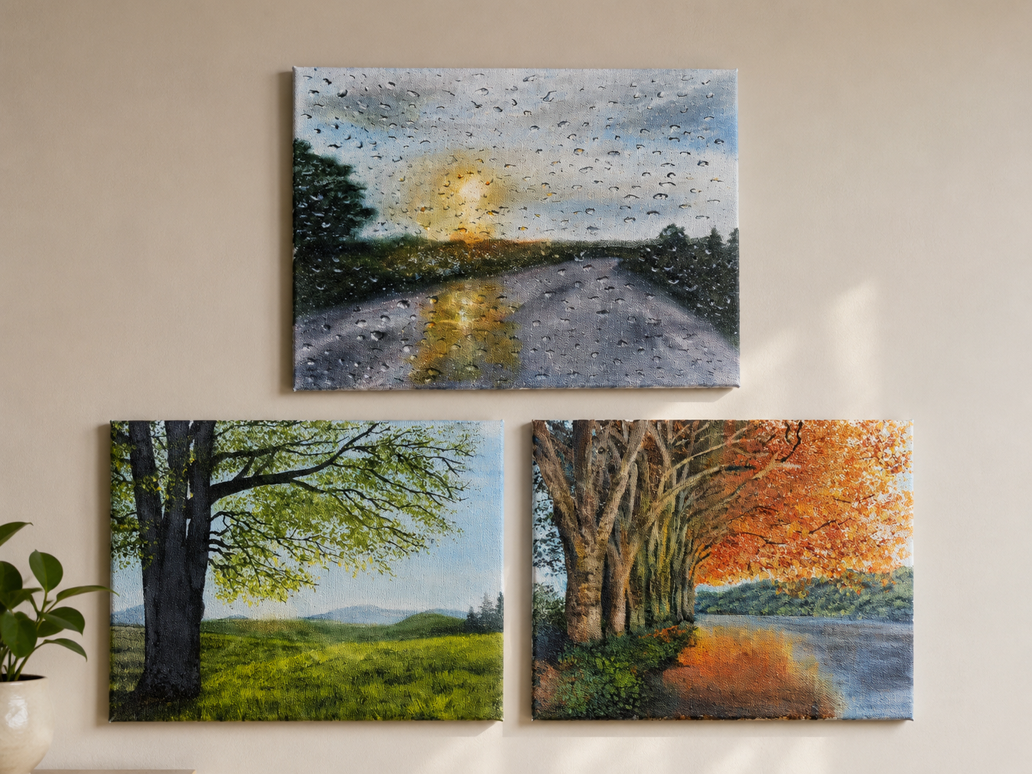 Seasons of Tranquility Trio – Original Acrylic Canvas Paintings (Set of 3)