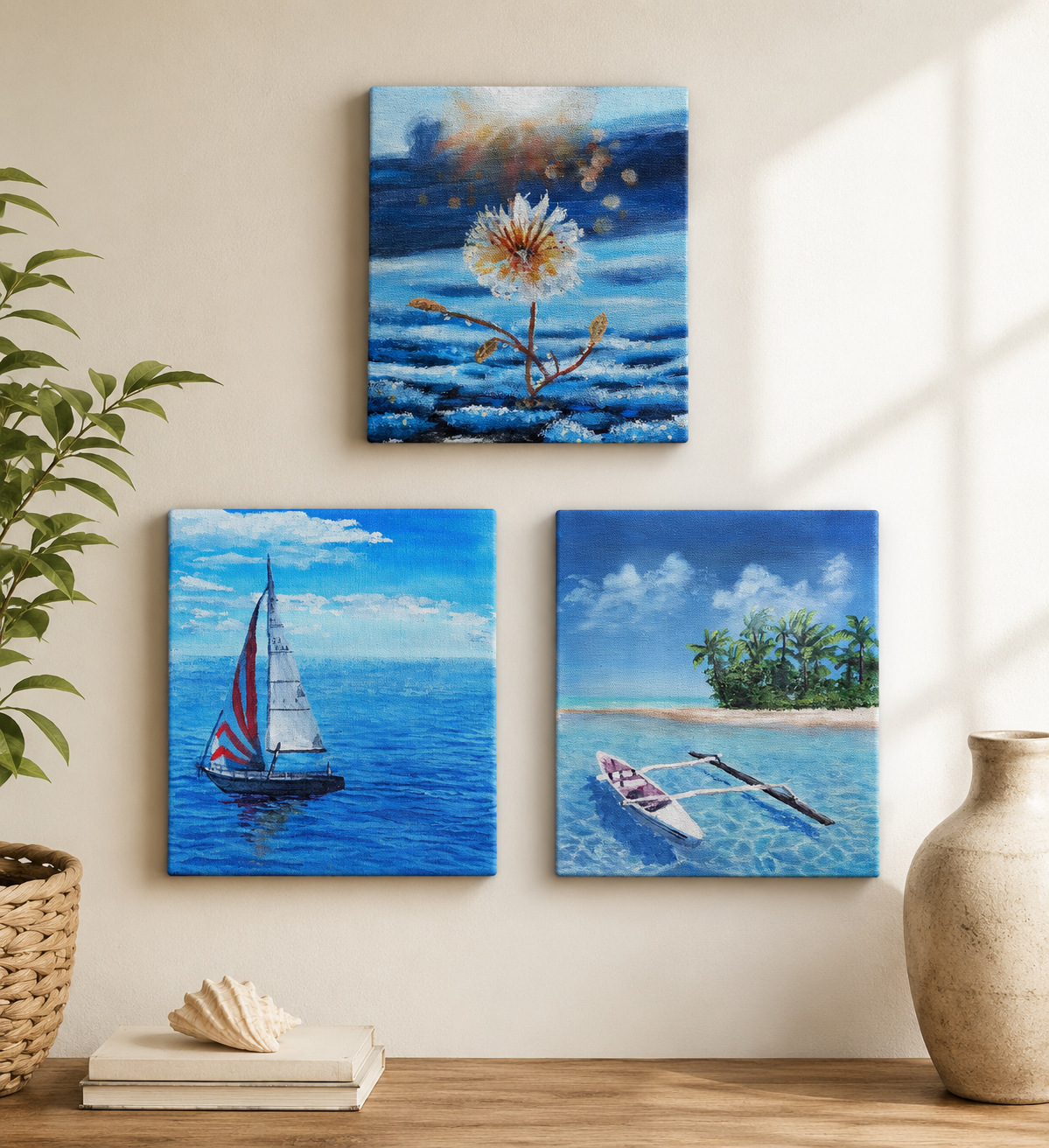 Coastal Dreams Trio – Original Acrylic Canvas Paintings (Set of 3)