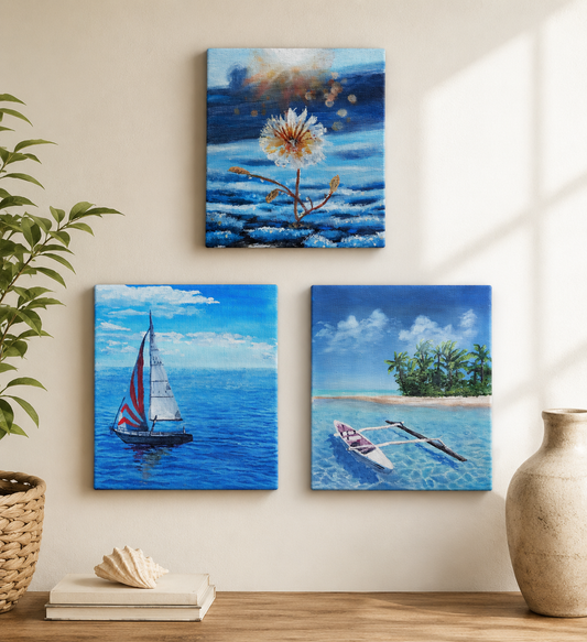 Coastal Dreams Trio – Original Acrylic Canvas Paintings (Set of 3)