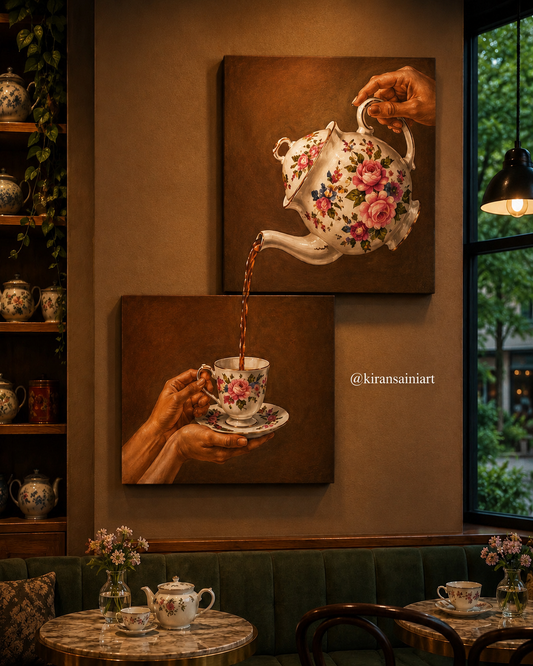 Vintage Tea Time Canvas Wall Art Set of 2 | Elegant Teapot & Teacup Cafe Decor