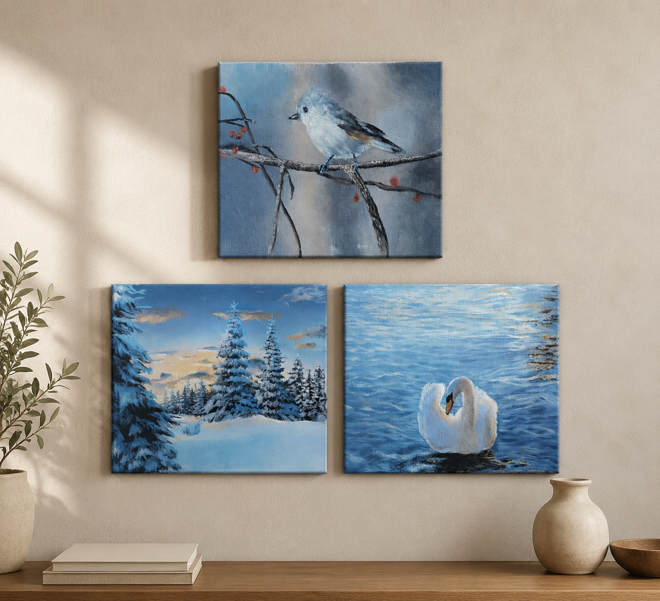 Winter Serenity Trio – Original Acrylic Paintings on Canvas (Set of 3)