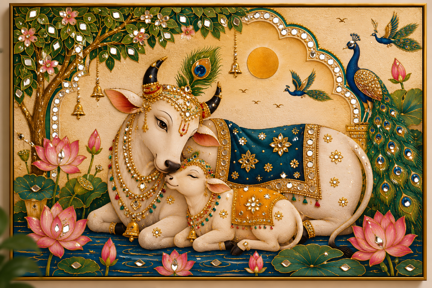 Pichwai Cow & Calf Textured Canvas Art Print with Hand Mirror Work | Premium Gallery Wrap Canvas | Ready to Hang