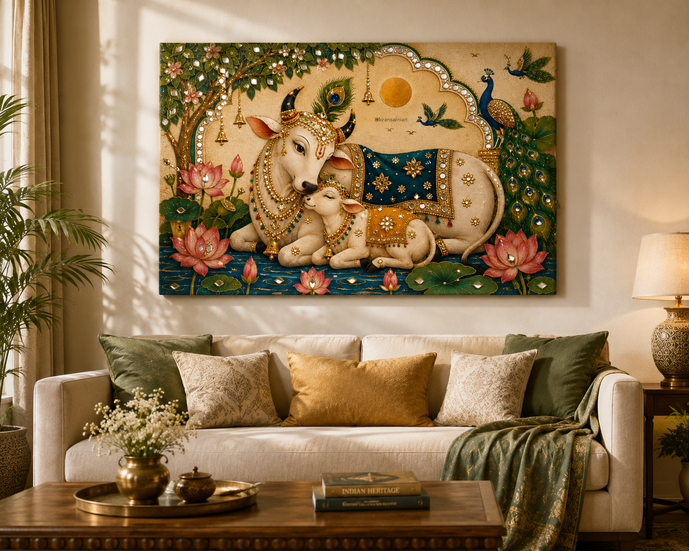 Pichwai Cow & Calf Textured Canvas Art Print with Hand Mirror Work | Premium Gallery Wrap Canvas | Ready to Hang