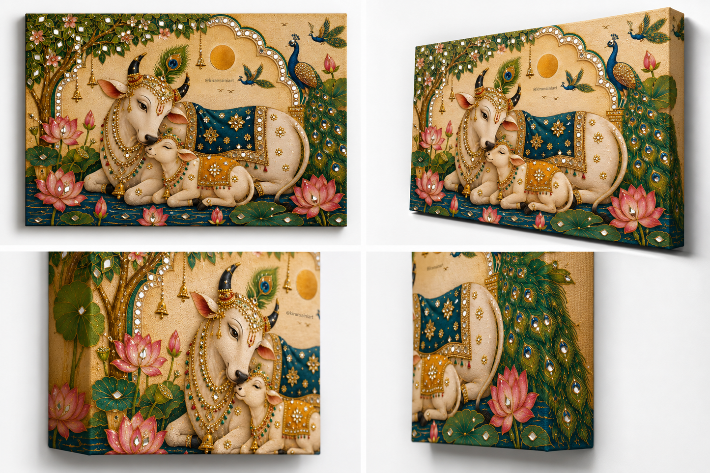 Pichwai Cow & Calf Textured Canvas Art Print with Hand Mirror Work | Premium Gallery Wrap Canvas | Ready to Hang