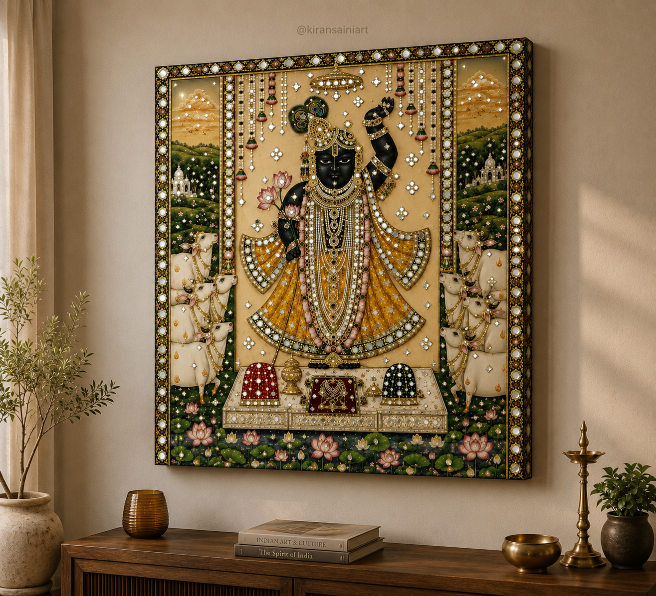 Shrinath Ji Textured Canvas Art Print with Hand Mirror Work | Hand-Painted Texture Finish | Waterproof Gallery Wrap | Ready to Hang