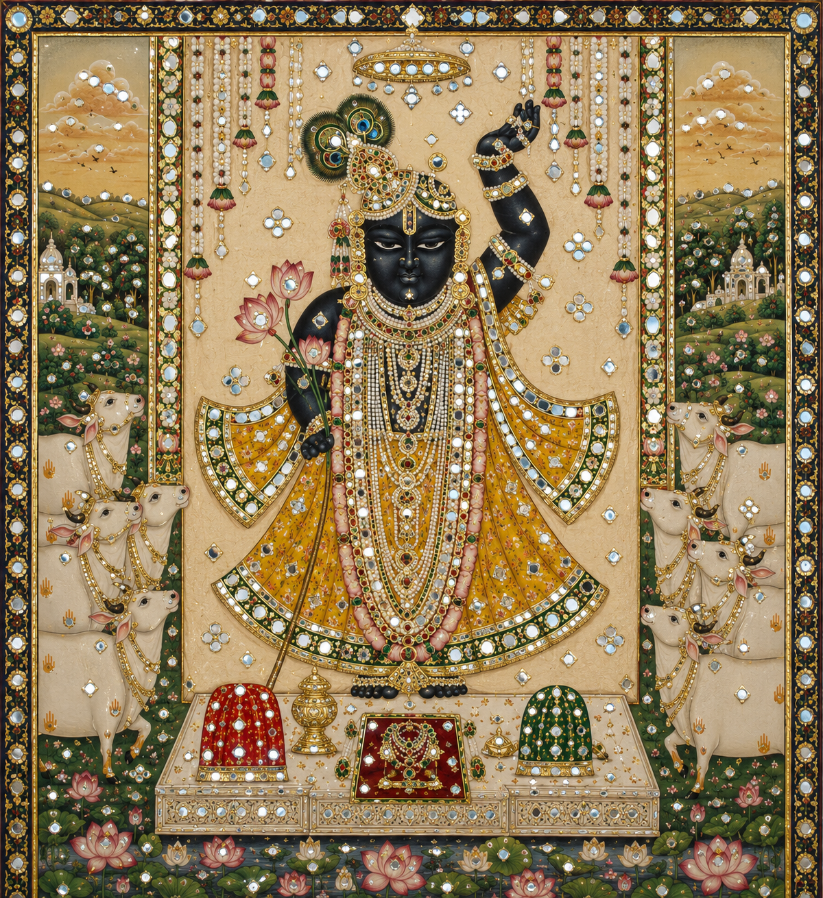 Shrinath Ji Textured Canvas Art Print with Hand Mirror Work | Hand-Painted Texture Finish | Waterproof Gallery Wrap | Ready to Hang