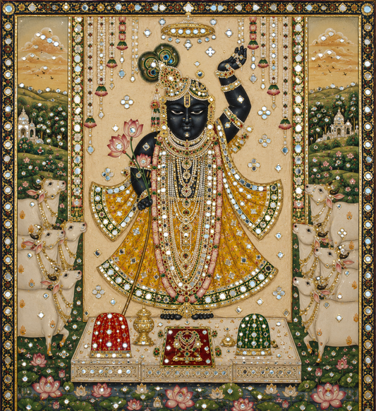 Shrinath Ji Textured Canvas Art Print with Hand Mirror Work | Hand-Painted Texture Finish | Waterproof Gallery Wrap | Ready to Hang
