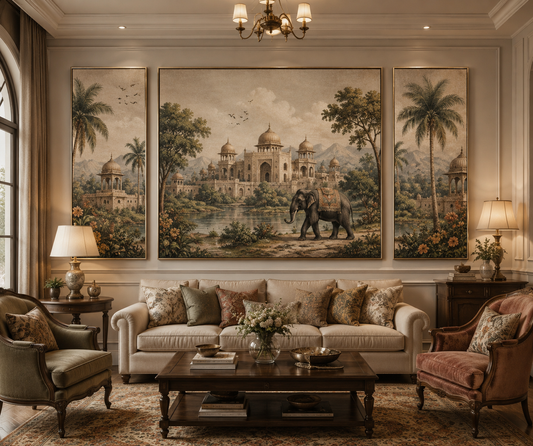 Luxury Textured Canvas Wall Art Set of 3 – Palace Landscape Paintings | Hand-Textured with oil paints| Vintage Elegance Decor
