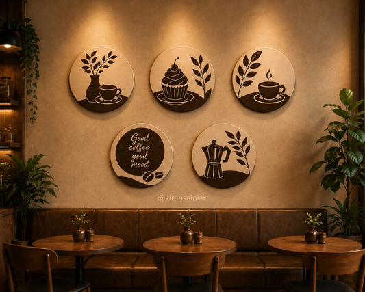 Coffee Moments Collection – Set of 5 Circular Canvas Wall Art Set